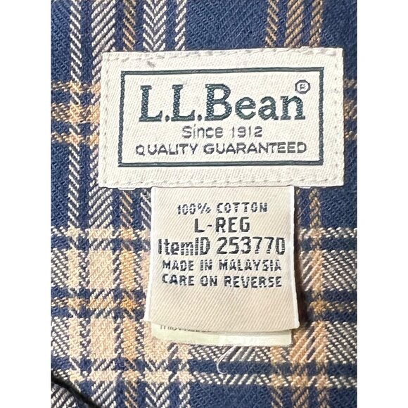 LL Bean Men's Shirt Large Button Front Blue Tan Plaid 100% Cotton LS 253770 - Picture 9 of 13